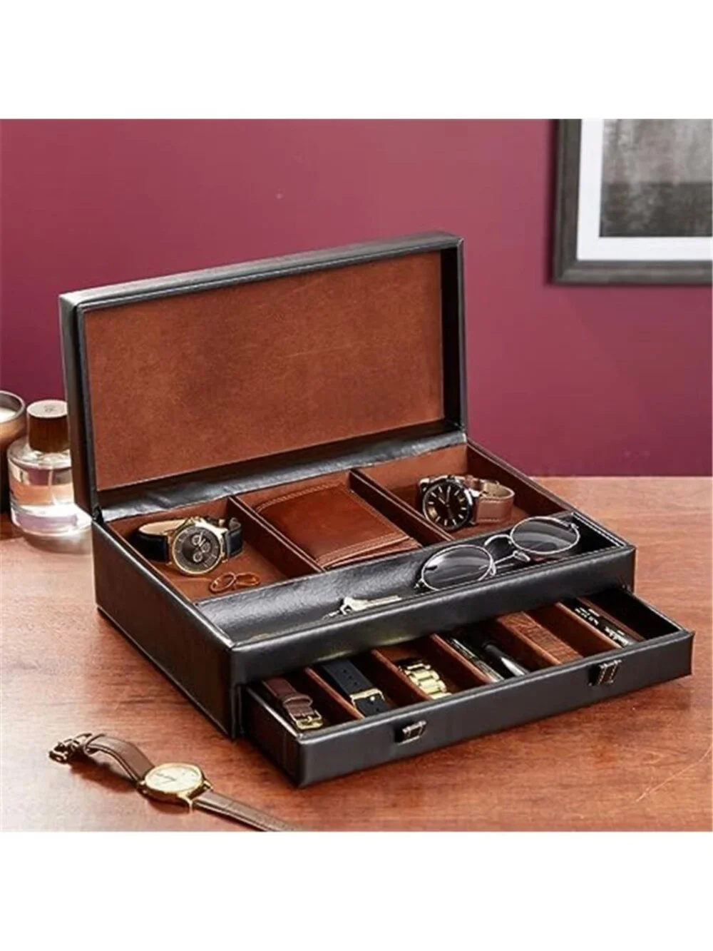 Jewelry Box Organizer and Holder - Black Watch Box with Leather Valet